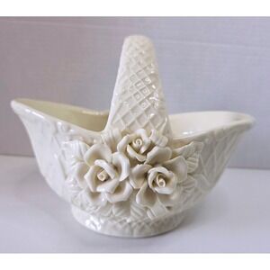 Vintage Ceramic Floral Basket Cream Lattice Rose 3D Applied Flowers Decor